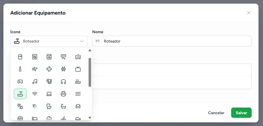 Sección de Equipos en el editor de Guialo, con un ítem configurado